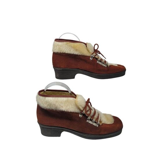 Vtg Italian Snow Boots Rust Suede Cream Faux Fur Lace-Up‎ Ankle Booties US Sz 6 - Picture 8 of 13